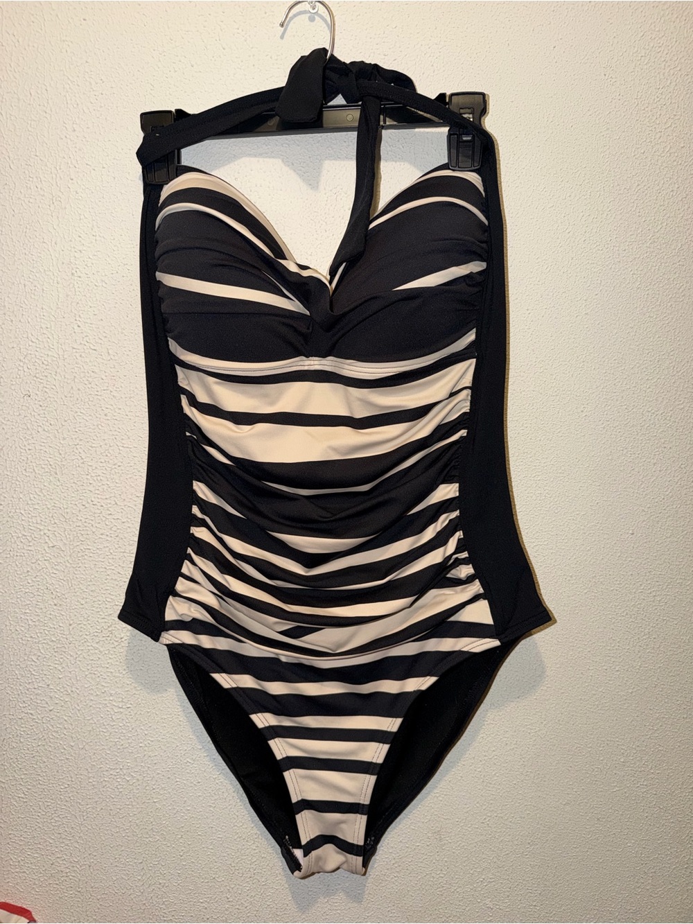 Liz Claiborne Black and Cream Striped Halter One-Piece Swimsuit